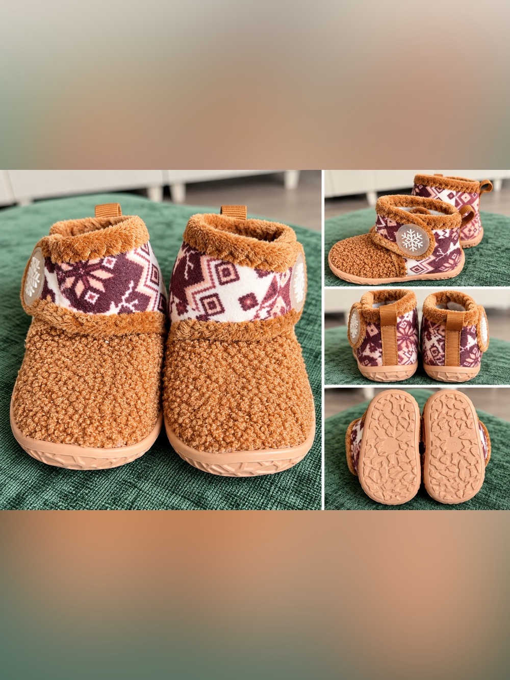 Toddler Cozy Faux-Sherpa Booties in Camel with Patterned Cuff